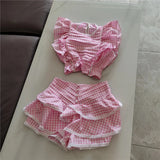 Plaid Ruffle Crop Top And Shorts Set-Outfit