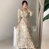 Chic Autumn Style Style Thin Square Collar Ink Print Waist Long Pleated Dress With Belt Woman-Outfit