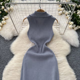 A Small-Sized Lap Collar Zipper Sleeveless Dress Women Decorate The Body Thin Leisure Medium Long Over-膝 Knit