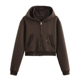 Women's Casual Sports Suit Spring Big Pocket Hooded Long Sleeve Zipper Repair Short-Sized Tidaught Rope