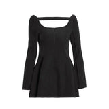 Season New Simple Retro Square Necker Skinny Short Dress Women High Waist Black Bare Back
