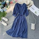 Vintage V Neck Autumn Midi Long Bandage Dress Party Vestido De Festa Evening Women Casual High Waist Elegant A-Line