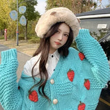 Strawberry Sweater Soft Waxy Cardigan Coat Autumn And Winter 2024 Loose Female V-Collar Coarse Wool Knitting Trend-Outfit