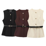 2025 New Women's Round-Neck With Sleeveless Belt Vest Women's