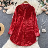 Blouse Shirts Long Sleeve Top Button Up Shirt Y2K Vintage Women Clothing Club Party Glitter Top Female Collared