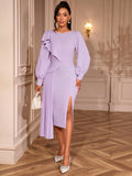 Elegant Lantern Sleeve Party Dress Irregular Lotus Folds On The Side Of The Fork Evening Dress