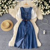 Dress Women's 2025 Summer Dress New Design Collar Bubble Sleeve Splicing Age-Sensitive Fashion Denim Long