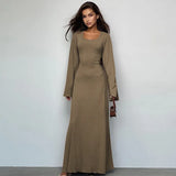Toloer Women's New Autumn New Fashion Loose U-Neck Back With Long-Sleeved Dress-Outfit