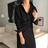 Autumn Women's Dresses Long Sleeve Bandage V Neck High Waist Midi Shirt Dress Female Elegant Fashion Korean