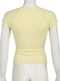 Sweet Solid Lace Trim T Shirt Casual Slim Square Collar Short Sleeve Tees Women 2024 Summer Fashion Streetwear Ladies 1028-0-Outfit