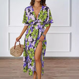 New Floral Print Dress Tight Belt V-Neck Short-Sleeved Dress