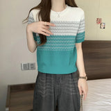 Gradient Striped T-Shirt Women's Summer New Oceanic Ice Silk Sleeve