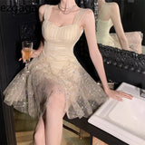 Sexy Elegant Dresses Women Sleeveless Sequins Mesh Patchwork Slim Paty Dress Mini Summer French Style Fairy Female-Outfit