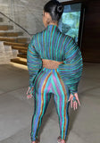 Colorful Striped Puff Sleeve Crop Top and Pants 2pc