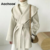 Aachoae Women Solid Color Wool Coats With Belt Long Sleeve Hooded Pockets Coats Female Chic Elegant