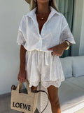 / Summer 2024 Women's New Solid Color Embroidered Lace Shirt Jumpsuit Suit-Outfit
