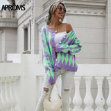 Aproms Vintage Green Purple Plaid Knitted Cardigan Women Winter Oversized Soft Sweater Female High Fashion Outerwear