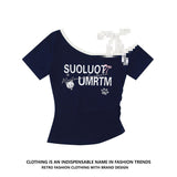 Oblique Shoulder Lace Sling Short-Sleeved Woman Design Small Sweet Short T-Shirt Girl Irregular