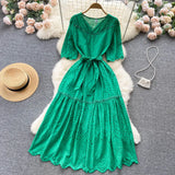 Women Dress Embroidary Solid Summer 2022 Hollow Out V Neck Ruffled Sashes Adjustable Waist Ladies Long A Line