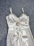 White Satin Flower Ruffles Midi Dress-Outfit