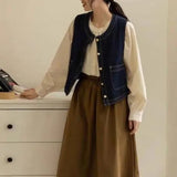 Retro Denim Vest Women Spring And Autumn Folding Waist Coat Outside A Small Design Feel Shoulder