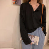 Sleeve T-shirts Women Elegant Simple Pure Button Design Retro Ins Autumn Ladies Tees Top All-match BF Style Mujer Clothes-Outfit