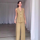 Women's Temperament Elegant Solid Color V-Neck Sleeveless Vest High-Rise Broad Leg Trousers