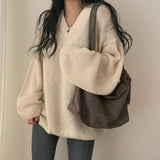 V-Neck Solid Color Pullover Sweater-Outfit