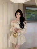 Two Piece Set Women Slash Neck Drawstring Flower Blouse Halter Shirts High Waist Puffy Layered Mini Skirts Solid Crop Top-Outfit