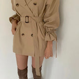 2022 New Autumn Winter Khaki Minimalist Women's Trench Coat Sashes Windbreaker Loose Flare Sleeve Double Breasted