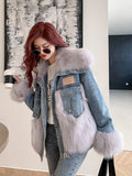 Winter Warm Loose Denim Jacket Women Oversized Fur Collar Plus Velvet Padded Jacket Vintage Cotton Thick Warm Jean