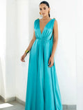 V Neck Silk Long Dress Women Sleeveless Sexy Party Dresses Women Backless Loose Summer Dresses Solid-Outfit