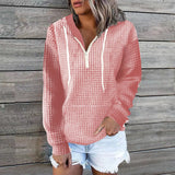 Toloer New Casual Home Wear Women's Zipper Hooded Bag Solid Color Waffg Long Sleeve Hoodie-Outfit