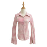 Trendy Women's Horn Long-Sleeved Forked Shirt Summer New Pure Lust Hot Girl Tight Waist Plaid Blouse-Outfit