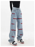 and autumn plus size women embroidered straight jeans loose slim high waist floor mopping wide leg pants baggy jeans-Outfit