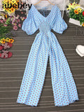 Jumpsuit Women Casual Elegant Polka Dot Puff Sleeve High Waist Chiffon Wide Leg Playsuit Female Rompers