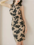 Han Queen Summer Bow Backless Sexy Dresses Women Print Sheath Pencil Dress Fashion Slim Party Sleeveless Bodycon Dresses-Outfit