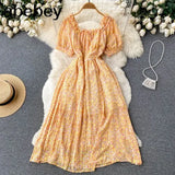 Sweet Floral Dress Women Green Square Collar Short Sleeve A-line Dresses Summer Bohemian Print Beach