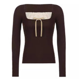 Stitching Lace Bow Knot Square Collar Knitted Tee-Outfit