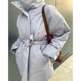 Stand Collar Parkas Women Fashion Tie Belt Loose Coats Women Elegant Spring Casual Long Cotton Jackets Female