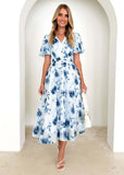 Spring Summer New Long Women's Bubble Sleeve High-End Print Sexy Style Women's Dress