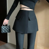 Chic Women Pants Fake Two Piece Patchwork High Waist Slim Flare Pants Black Streetwear Female Fashion Long Trouser-Outfit