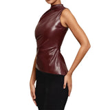 Toloer Women's 2024 New Leather Pile Collar Personality Closed Waist Oblique Hem Sleeveless Jacket Women's Vest-Outfit