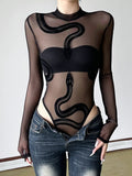 Personality Snake Print Sexy Body-Repair Perspective Basic Round-Neck Long-Sleeved Joint Jacket