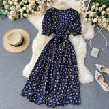 Sweet Floral Dress Women V Neck Puff Sleeve Single-Breasted Belt Dress Summer Bohemian Print A-line Midi