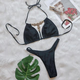 Toloer New Bikini Crystal Diamond Split Women's Swimsuit Plain Color Strap