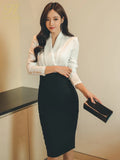 Han Queen Hot sale Autumn Black White Stitching Office Sheath Bodycon Pencil Dress High Waist Chic Party Women's Dresses-Outfit