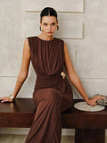 New Women's Folded Wrinkles Sleeveless Long Dress Stylish Metal Decorative Solid Color
