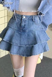 Vintage Denim Mini Skirt Ruffle Women Summer Korean Fashion Sexy High Waist Patchwork Jeans Skirt Casual