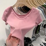 V-Neck Shoulder T-Shirt Women's Short-Sleeved Summer New Slim And Skinny Short-Bottomed Blouse-Outfit